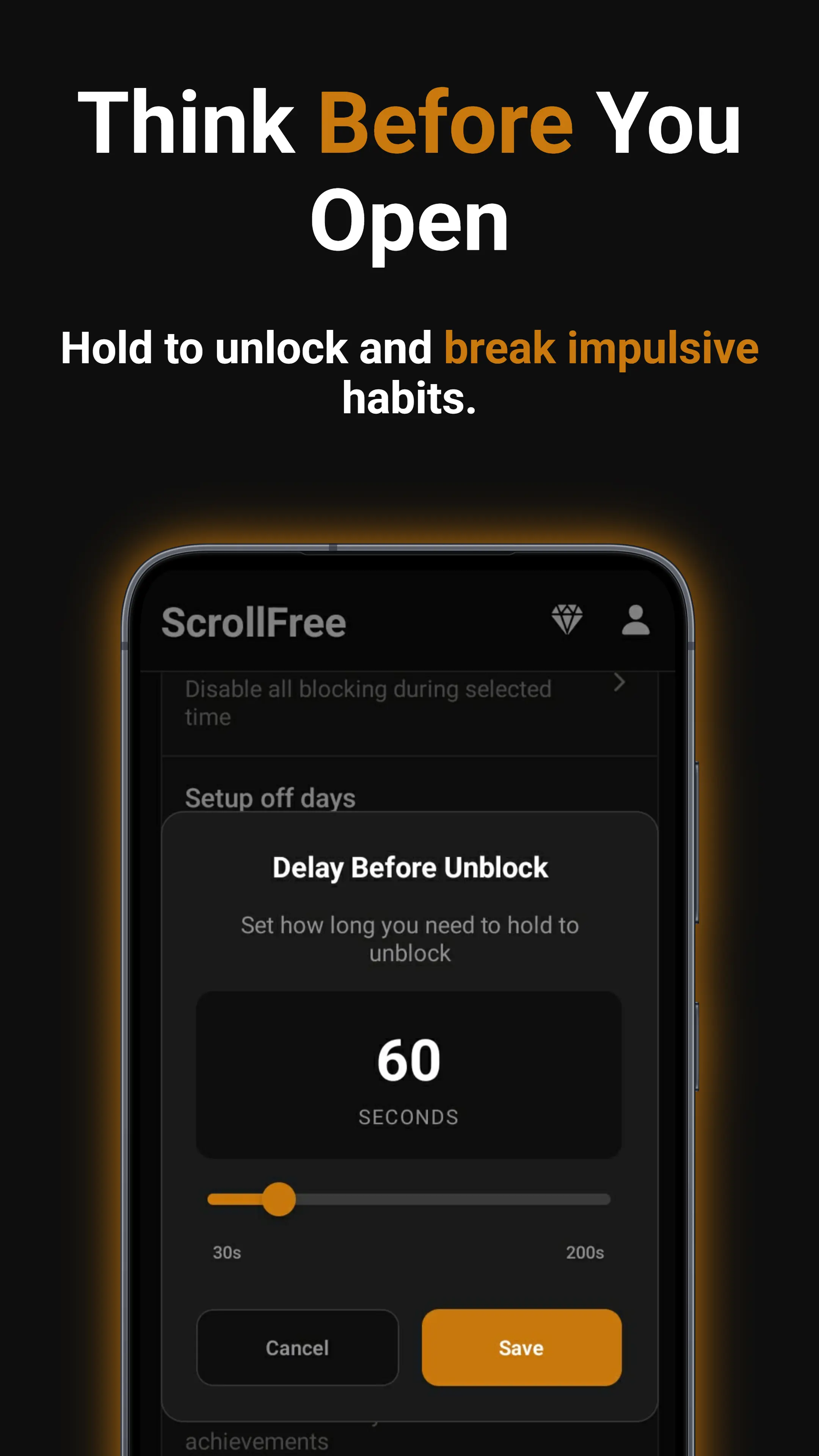 ScrollFree schedule screen for setting blocking hours and free-time windows